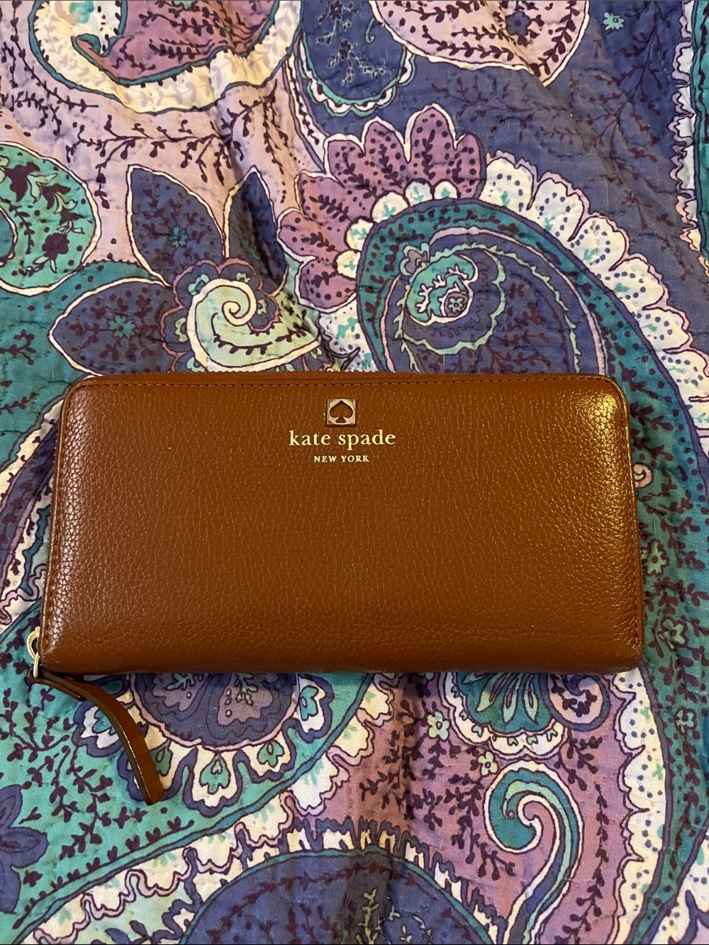 kate spade Brown Leather Zip-Around Wallet with Gold Logo